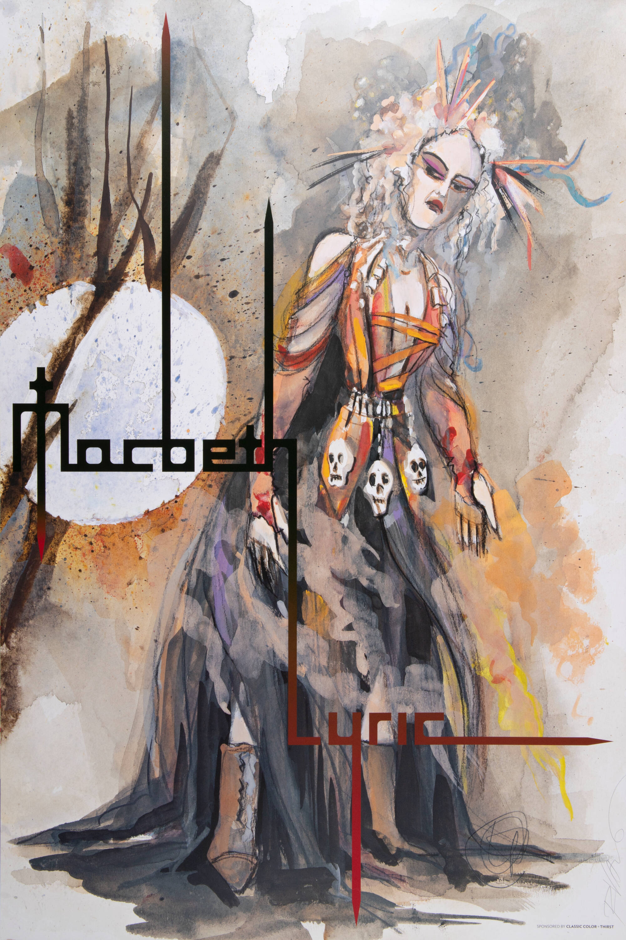 A lithograph of an illustrated person wearing boots and a yellow and black dress with skulls on the front of the dress. The text reads "Macbeth Lyric."